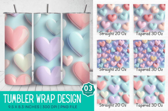 Elevate Your Drinkware with the 3D Hearts Pastel Tumbler Design