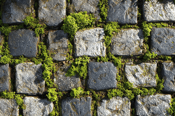 Gray Cobblestone Texture with Green Moss: Elevating Digital Realism and Design Authenticity